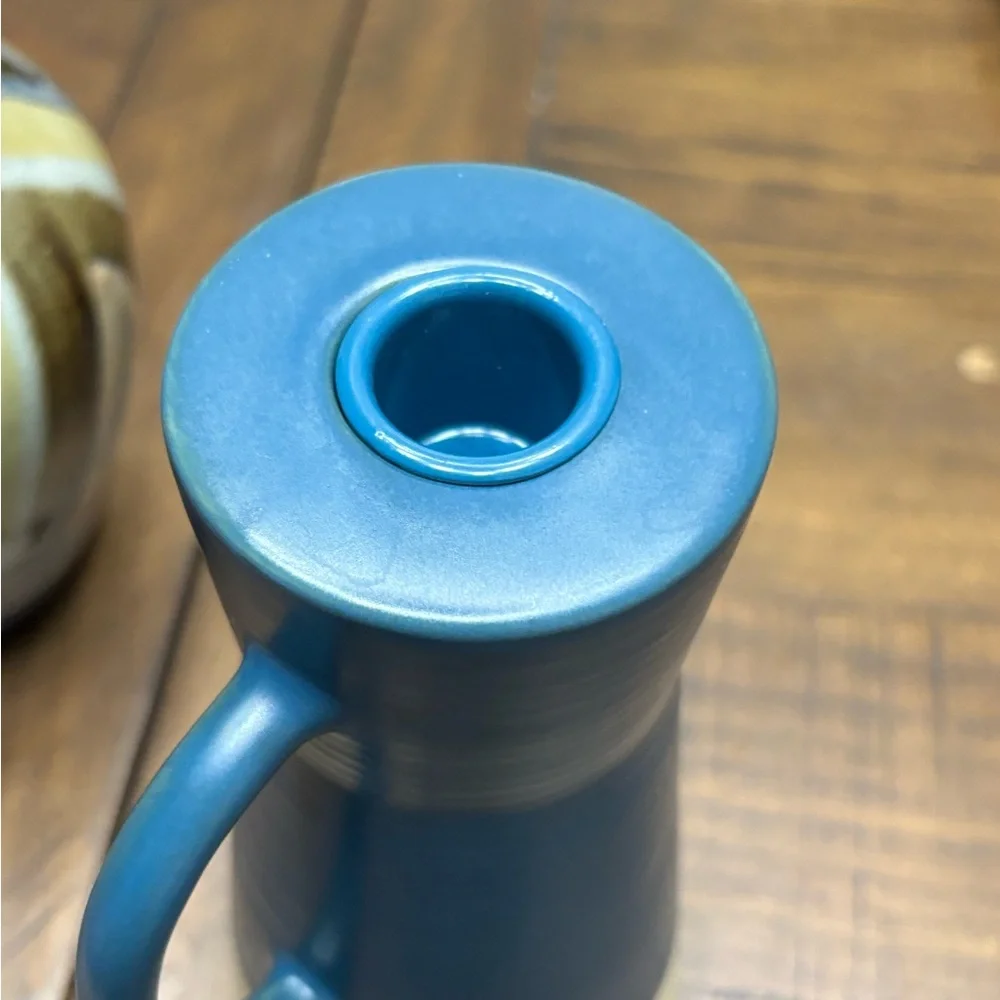 Crate&barrel blue and beige ceramic ribbed candle holder
